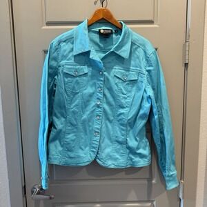 Christine Alexander Teal Denim Jacket XL Embellished Button Front Stretch